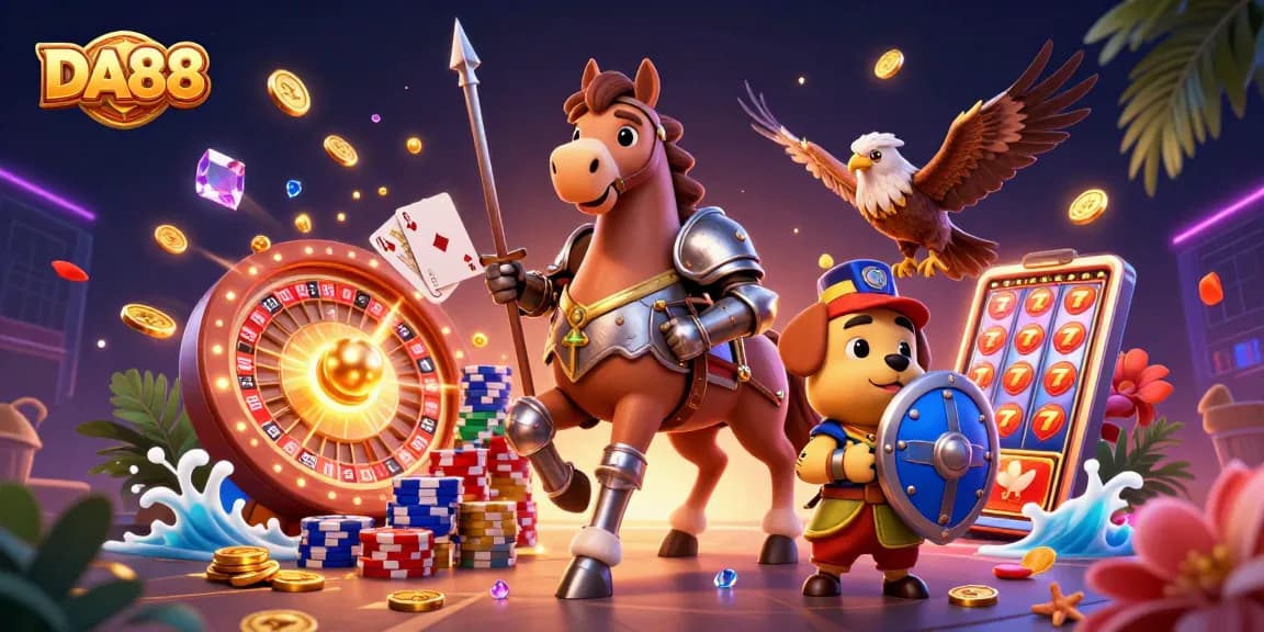 Experience thrilling gameplay with DA88's captivating casino scene featuring knights, sparkling gems, and a vibrant atmosphere.