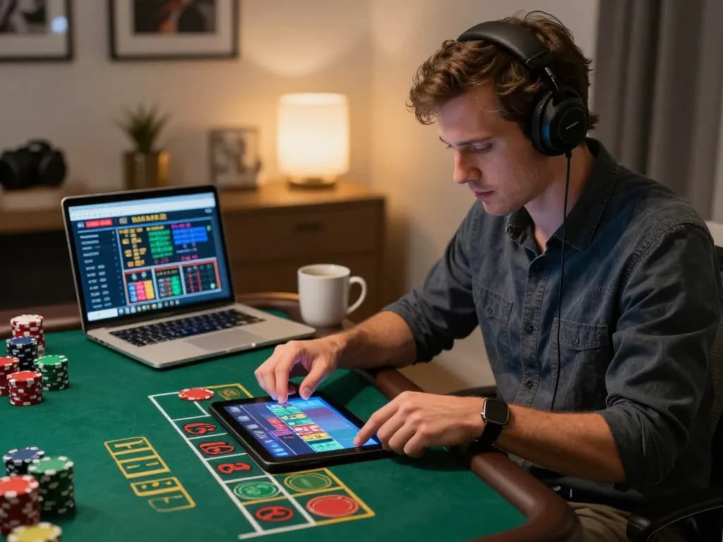 Player engaging with LODE88 live dealer blackjack on tablet, showcasing strategic betting and cozy home setup
