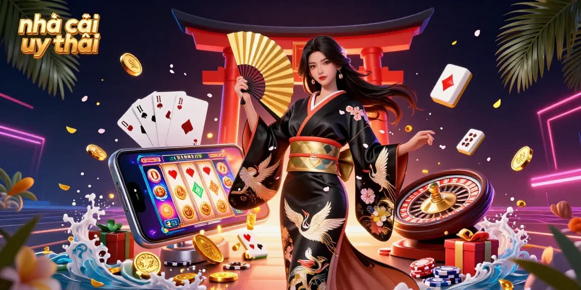 Engaging illustration showcasing nhà cái uy tín with vibrant slot games and casino elements in a rich, dynamic scene.