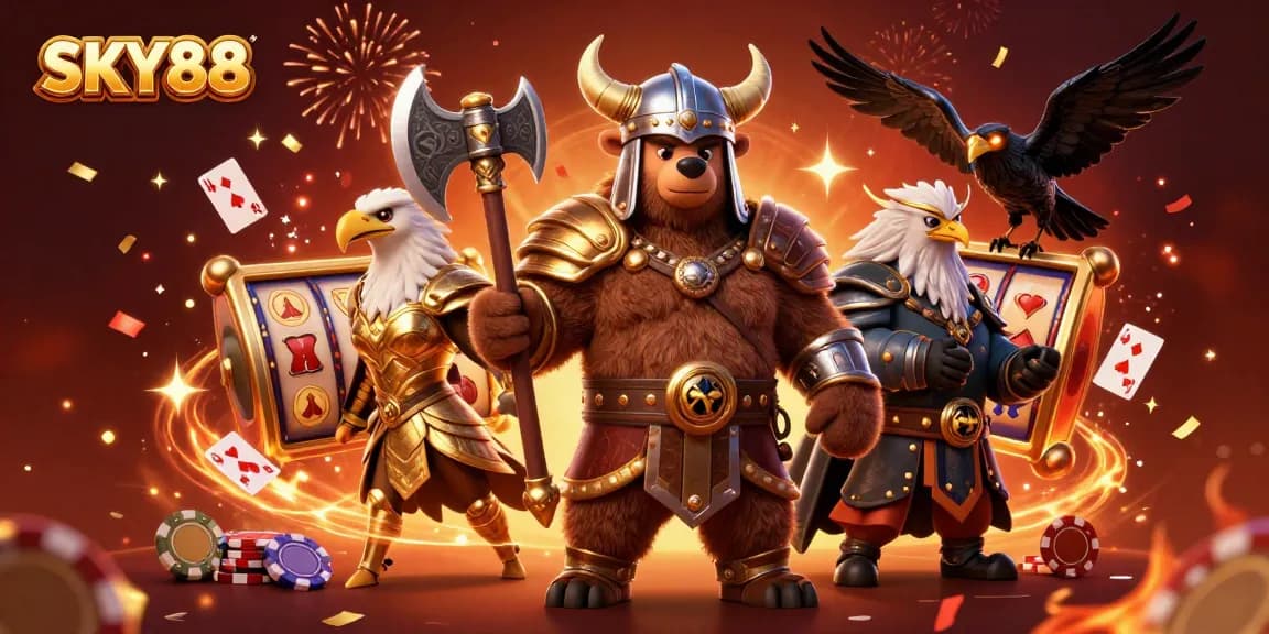 Experience the excitement of SKY88 slots with dynamic 3D characters and vibrant casino elements.