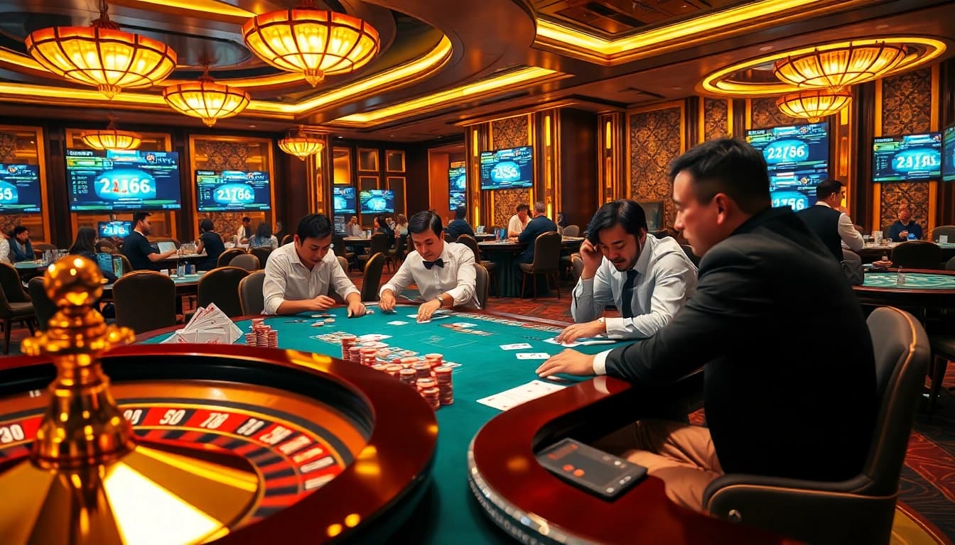 Engaged players at a LEO88 poker table with vibrant chips and modern betting tech.