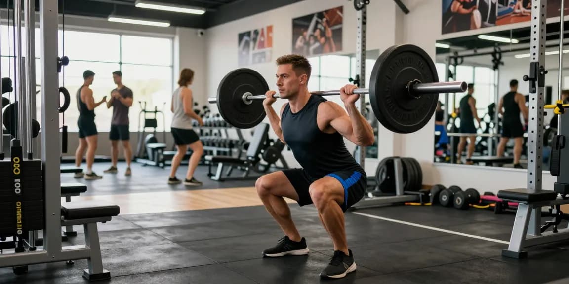 Fitness enthusiast performing barbell squat showcasing Prime Pharma Steroiden benefits in modern gym.