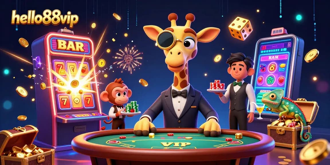 Engage in excitement at hello88vip with a high-roller giraffe, monkey valet, and chameleon bartender.
