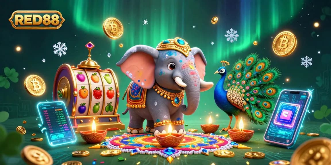 Unleash your luck with RED88, engaging in vibrant slot games amidst a dazzling Diwali-themed casino scene.