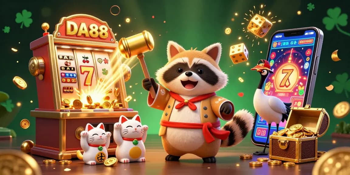 Experience the thrill of DA88 with a joyful tanuki celebrating big wins in this vibrant casino illustration.