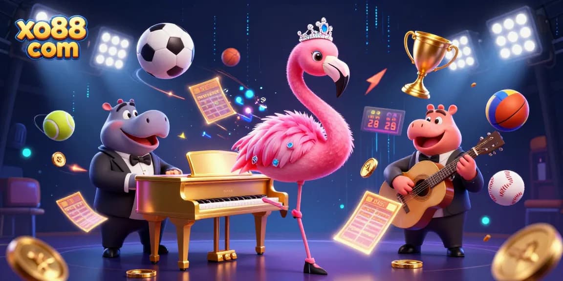 Join the fun at xo88 com, featuring vibrant characters in a dynamic casino scene with sports elements.