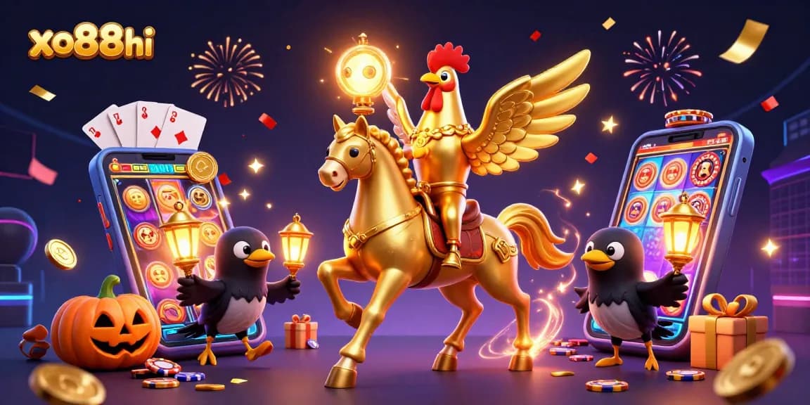 Experience thrilling play at xo88hi with golden rooster and crow companions celebrating in a vibrant casino
