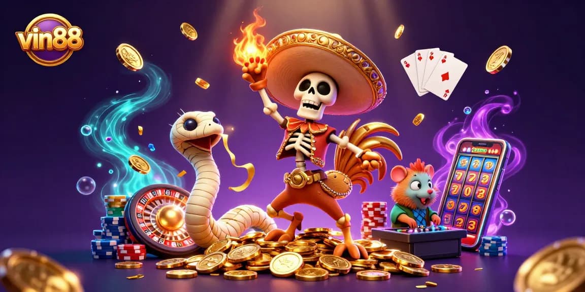 vin88 celebrates winnings with a festive scene featuring dancing characters, golden coins, and vibrant casino elements.