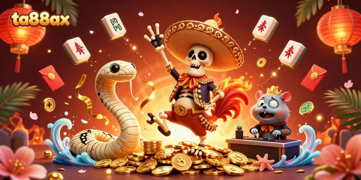 Win big with ta88ax as a mariachi rooster celebrates amid vibrant casino elements.