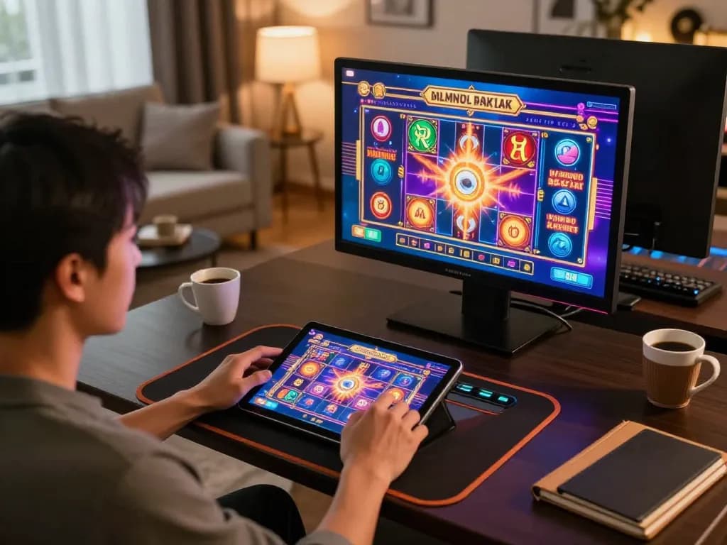 Engaging in online gaming at home with DA88 on tablet, showcasing vibrant slots