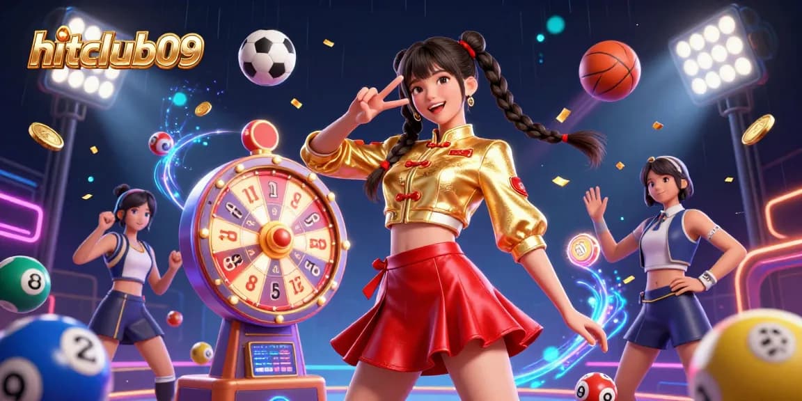 Engage in thrilling gameplay with hitclub09’s vibrant, multilayered 3D casino scene featuring energetic characters and dynamic sports elements.