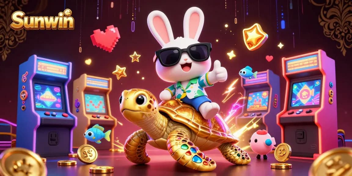 Sunwin showcases thrilling luck with a cartoon rabbit and golden sea turtle amidst vibrant casino elements.
