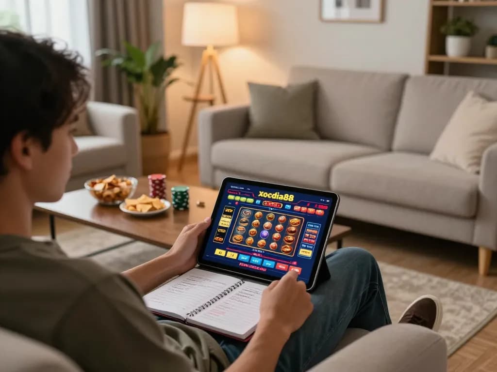 xocdia88 player engaging with online casino app in cozy living room, showcasing games.