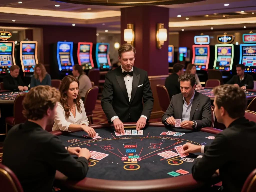 FLY 88 players enjoying a black jack game at an upscale casino, showcasing excitement and camaraderie.