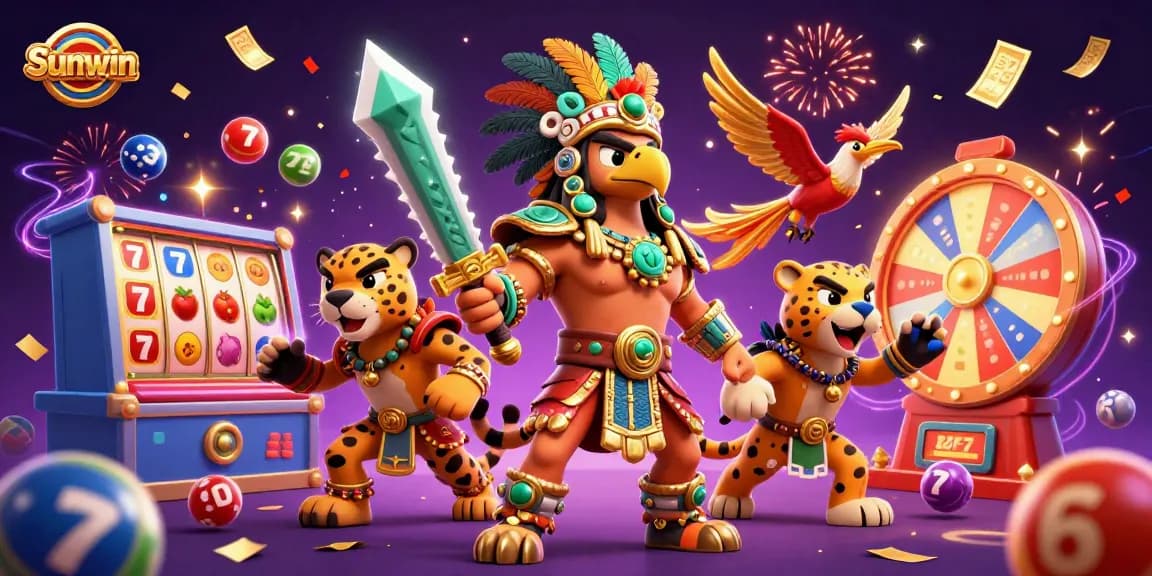 Experience the excitement of Sunwin as the Aztec warrior battles for jackpot wins with golden tickets and spinning reels.