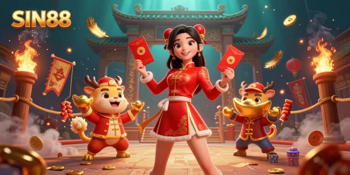 SIN88 promotions showcase vibrant Lunar New Year festivities with a beautiful woman, gold ingots, and zodiac decorations.
