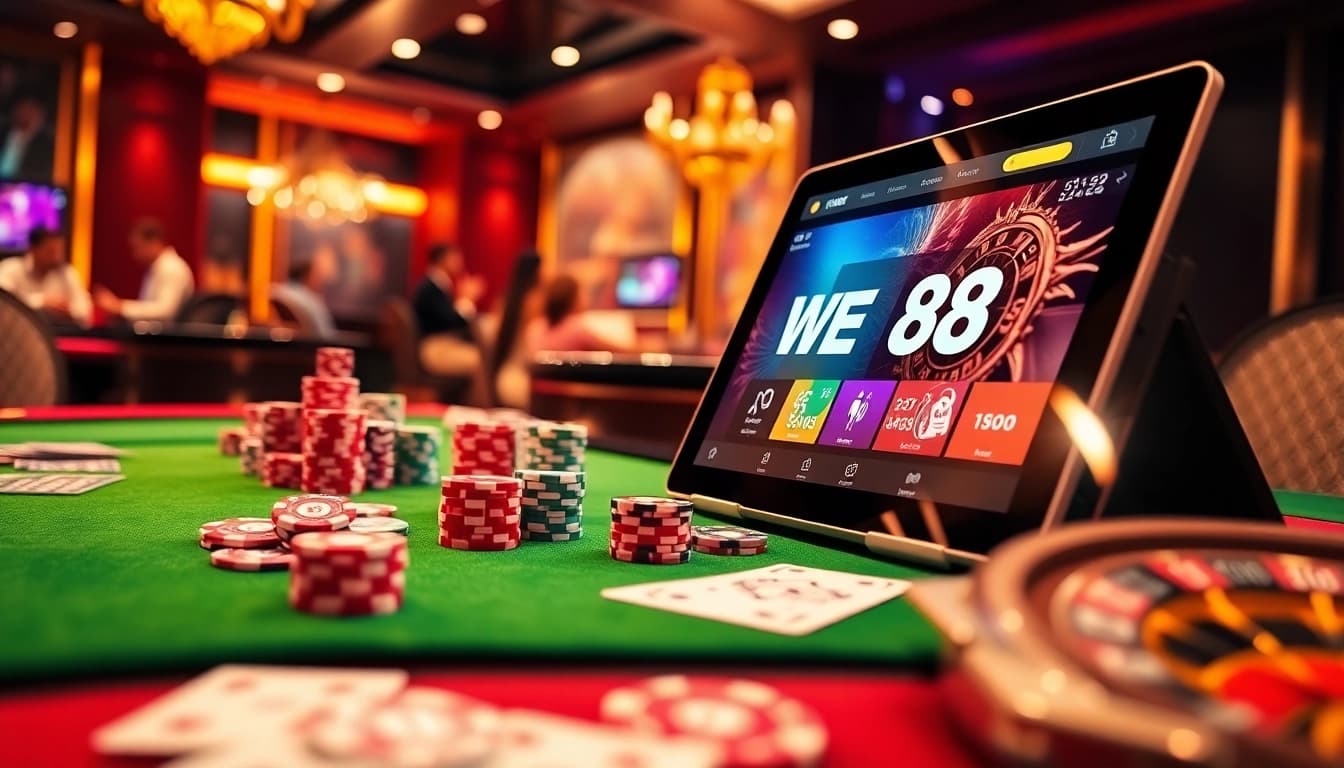 WE88 online gambling interface setup with poker chips and cards in a luxurious casino setting.