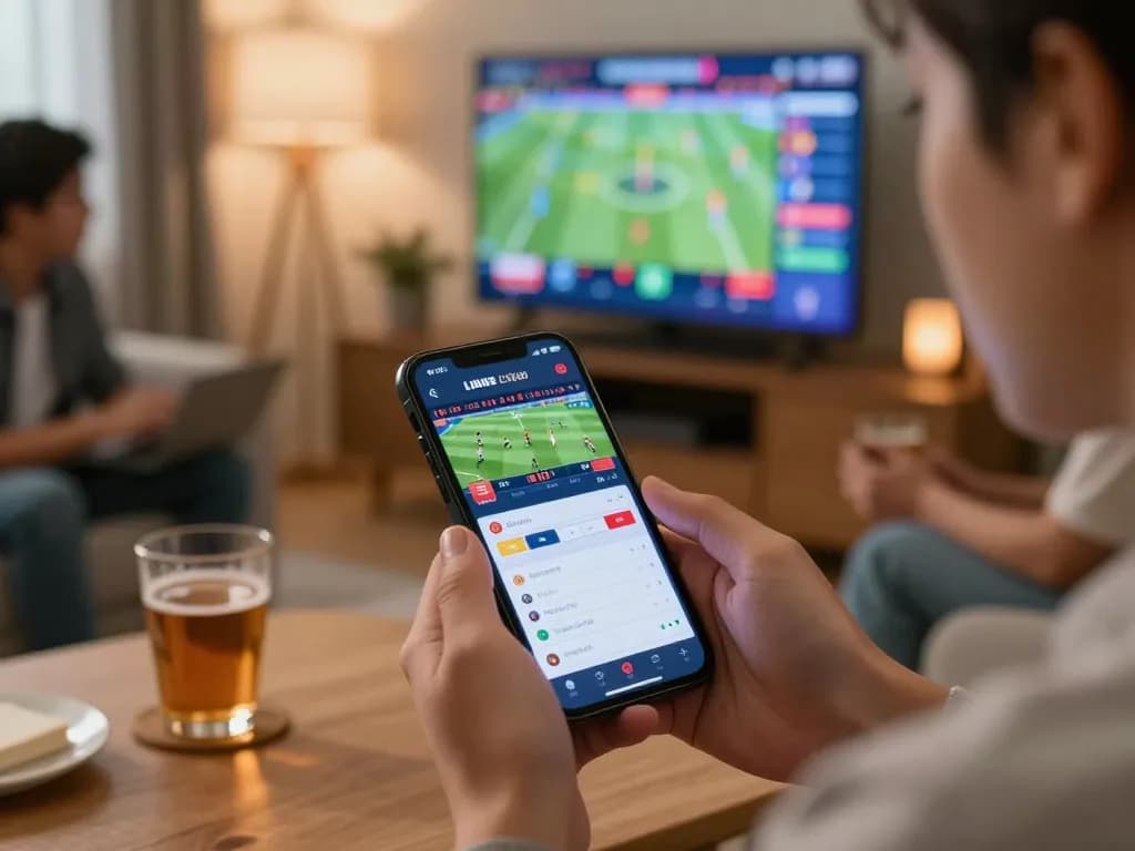 Engaging in live sports betting with xoilactv39 on mobile, showcasing excited user and dynamic sports events.