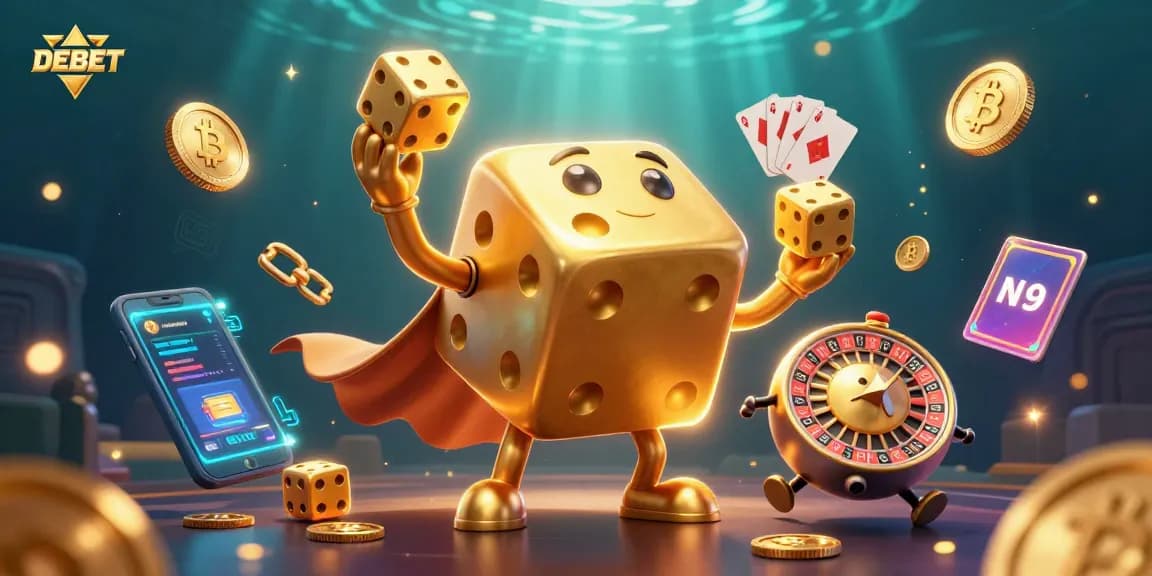 Engage in thrilling DEBET gaming experiences with golden dice, Bitcoin, and high-energy elements.