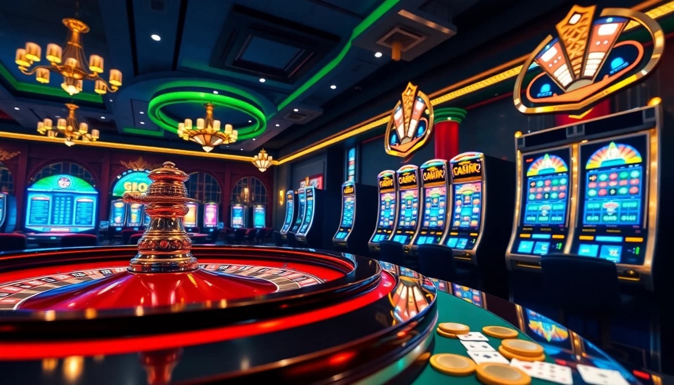 Engaging casino atmosphere from https://nohu90.ac/ featuring roulette and slot machines illuminated with excitement.