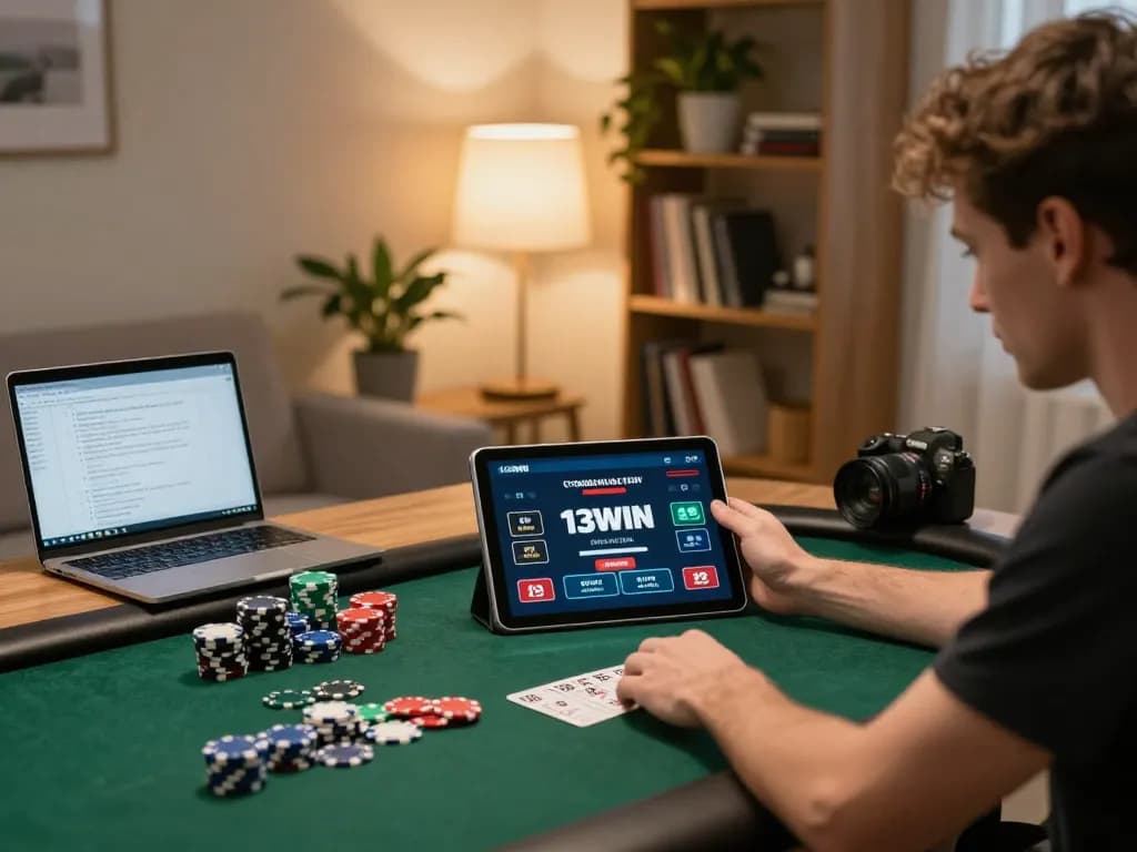 Player engaging in an online poker game on 13WIN, cozy home setting with ambient lighting.