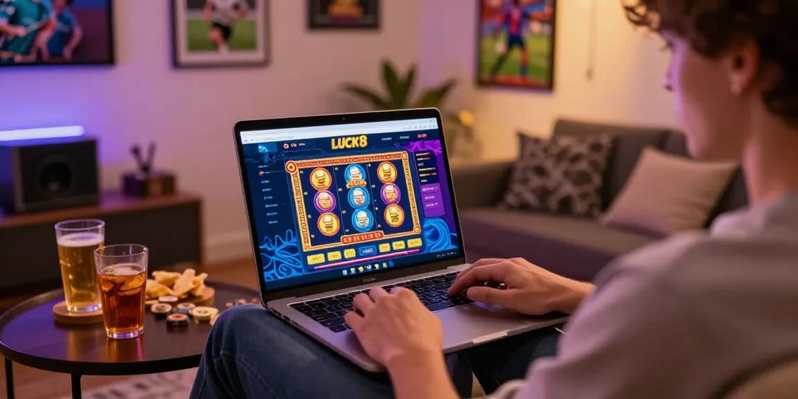 Player enjoying online betting experience on LUCK8 platform at home, colorful game graphics visible.