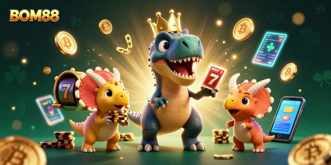 BOM88 showcases a vibrant casino scene with a T-Rex shuffling cards while a triceratops stacks chips, illustrating exciting gameplay.