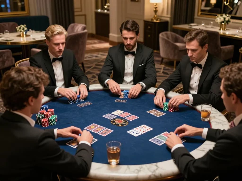 Join the high-stakes action at vb88game poker tables featuring engaged players and vibrant chips.