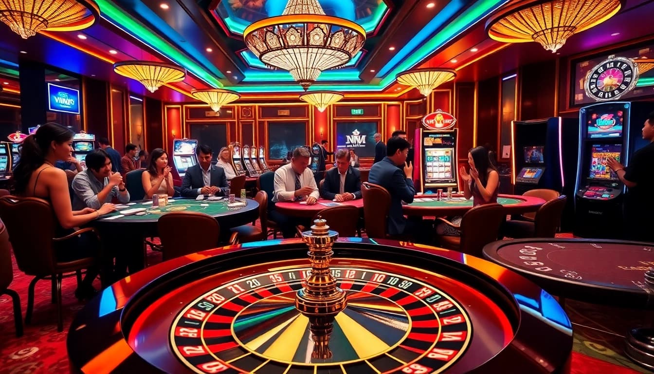 Experience vin88 đăng ký for online gaming excitement at luxurious casino tables with roulette wheels and poker players.