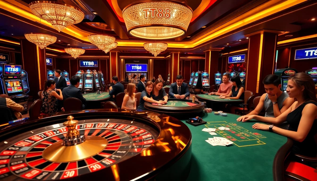 Engaging players at TT88 casino tables with vibrant roulette wheel and poker chips.