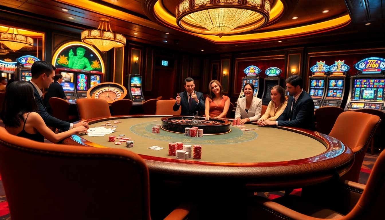 Experience thrilling gambling action at F168 with vibrant poker tables and excited players.