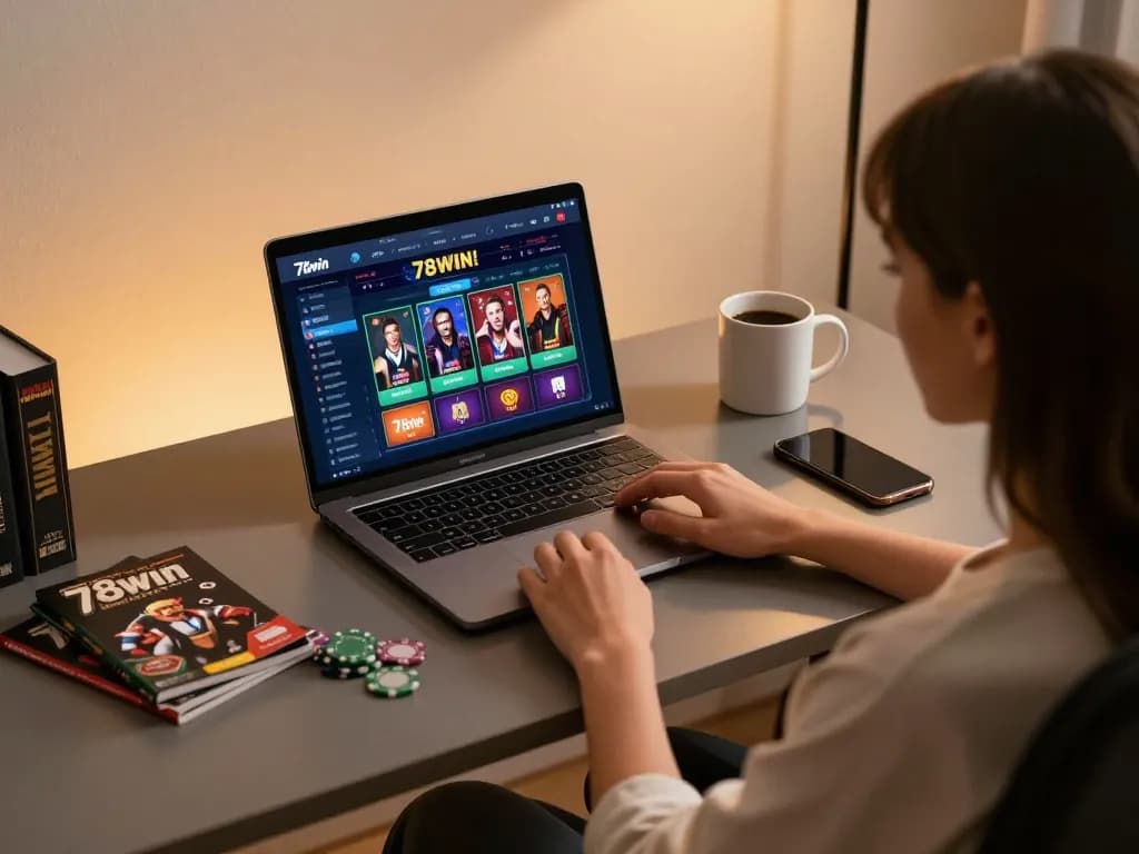 Engaging in responsible gaming with 78win on a personal laptop, showcasing an inviting setup.