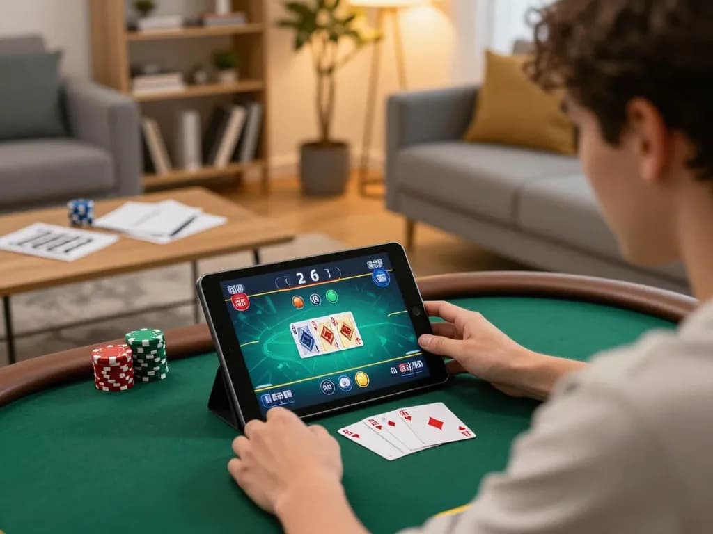 Person using tablet to play poker on ku88q platform, engaging in online gaming strategy at home.