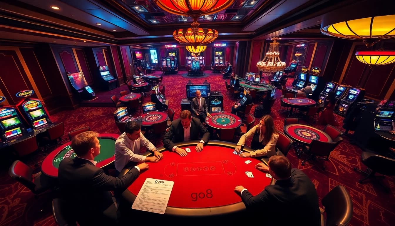 Players enjoying a thrilling poker game in luxury casino, go8 brand ambiance.