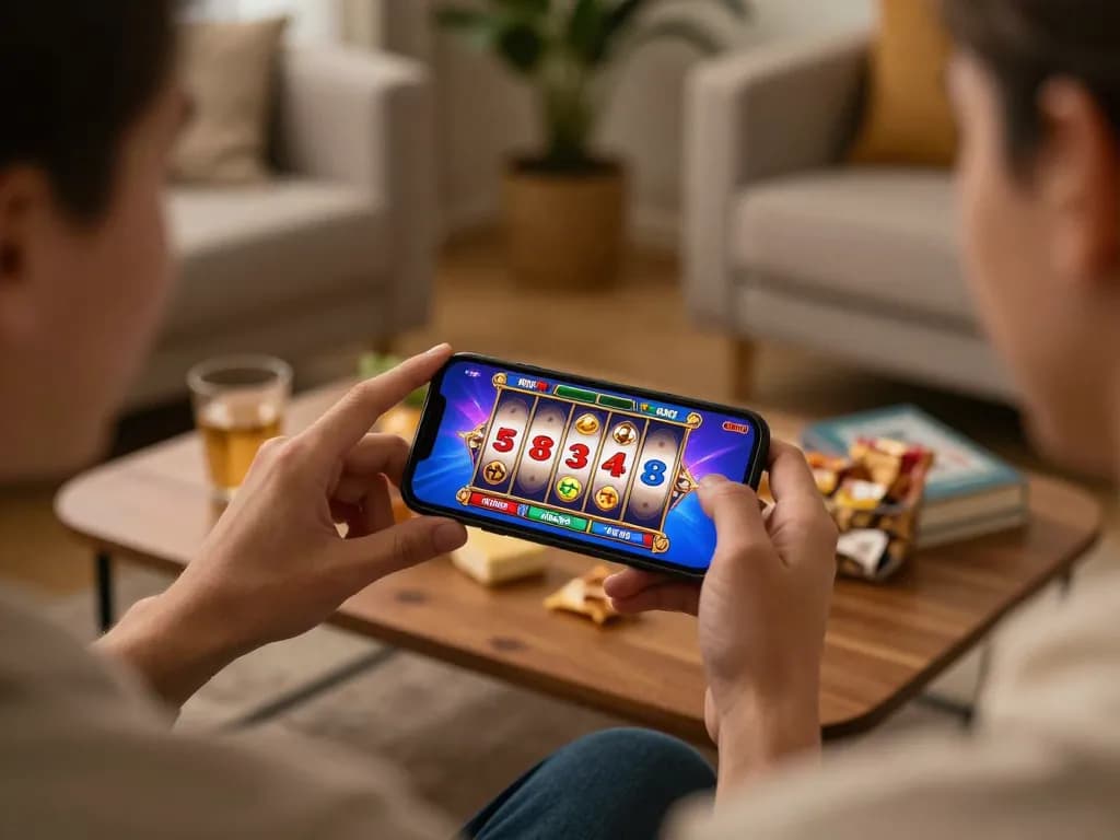 Speler geniet van mobiele slots thuis met de manga-nl app, levendige graphics en een gezellige setting.