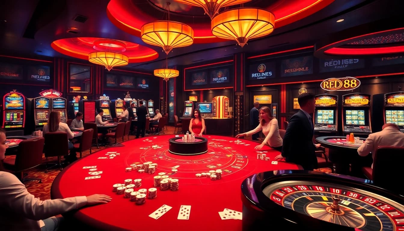 Experience the thrill of RED88 with a vibrant casino scene showcasing slot machines and poker tables.