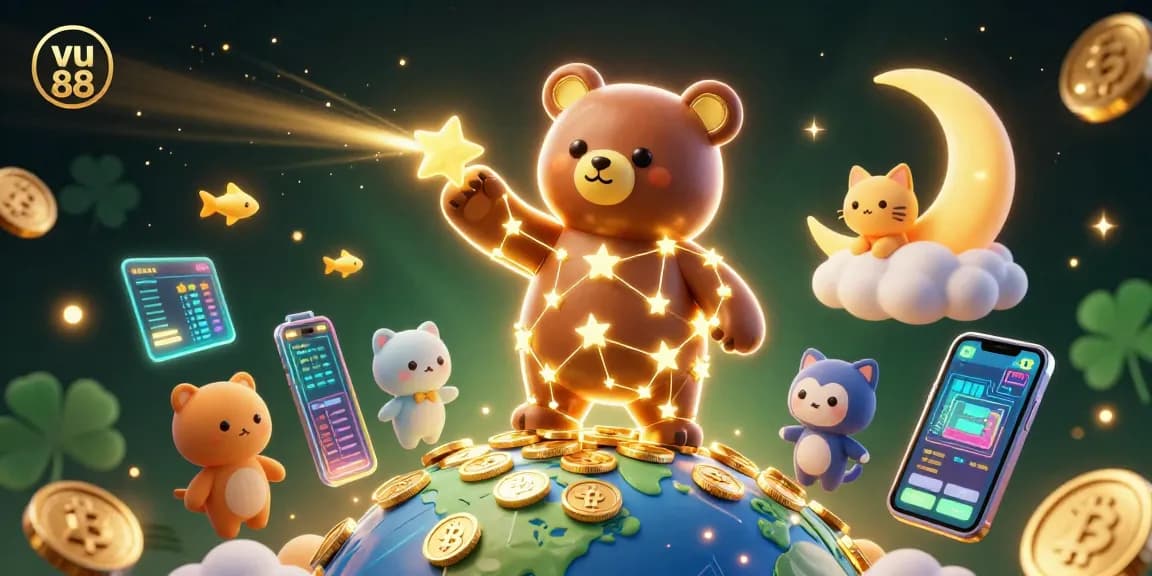 Experience the excitement of vu 88 with a cosmic casino-themed illustration featuring starry characters and vibrant game elements.