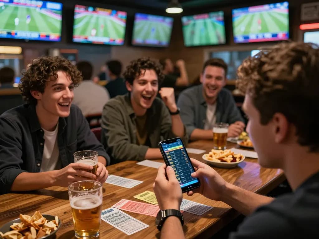 Engaged bettor analyzing HITCLUB odds on mobile app in a vibrant sports bar filled with excitement.