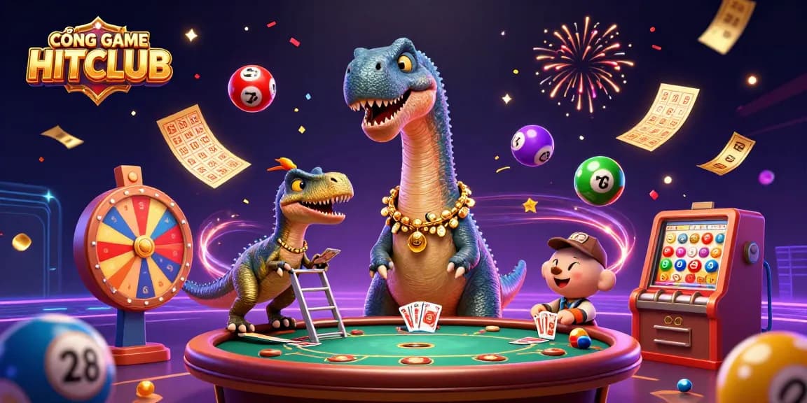 CỔNG GAME HITCLUB showcases a vibrant scene of playful 3D dinosaurs amidst casino excitement, featuring dynamic gaming elements.