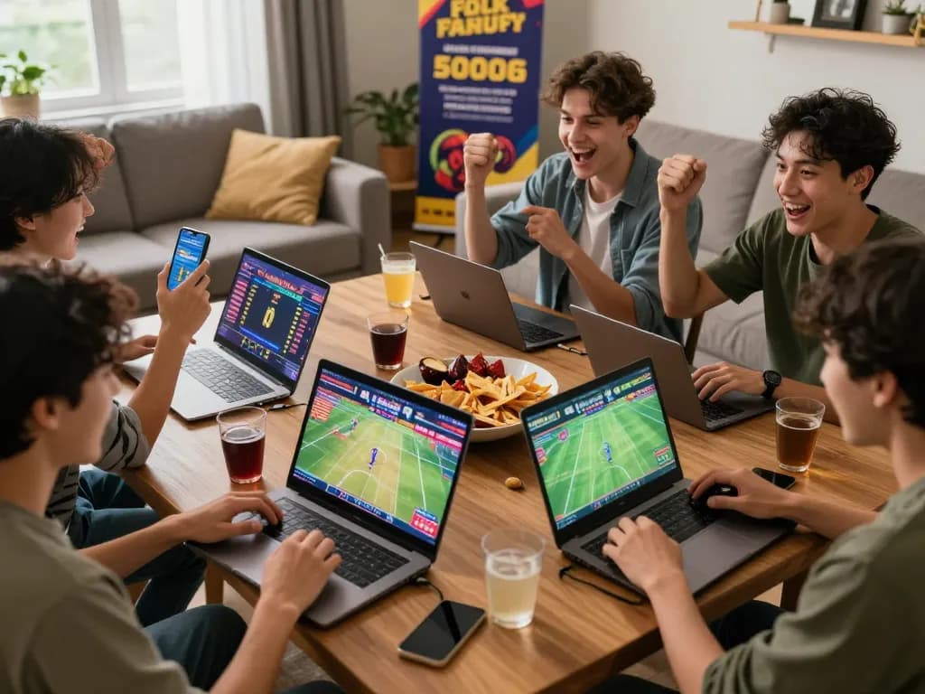 Friends celebrating sports betting wins while using fb88 đăng nhập on their devices in a lively living room.