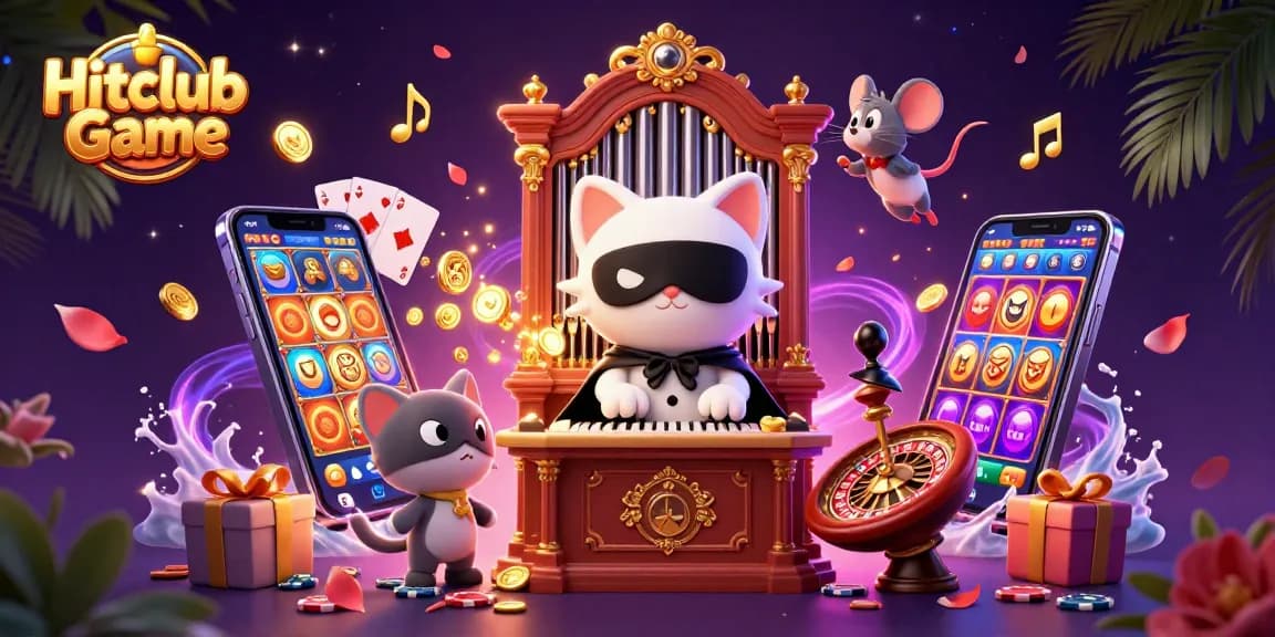 Experience the thrill of Hitclub Game with exciting visuals of slot games, characters, and casino elements bursting with energy.