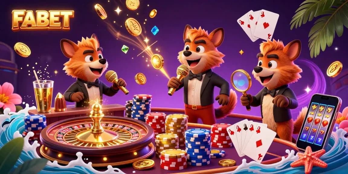 Engage with FABET's vibrant casino atmosphere featuring amusing hyenas in a lively gambling scene.