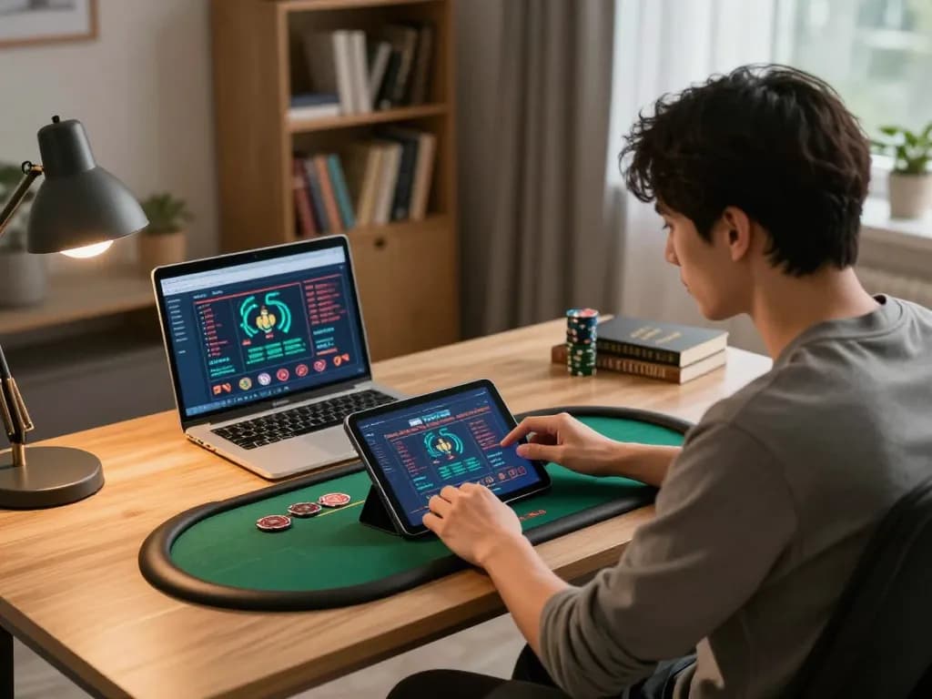 Engaged player strategizing in debet online poker session on tablet within a cozy home office.