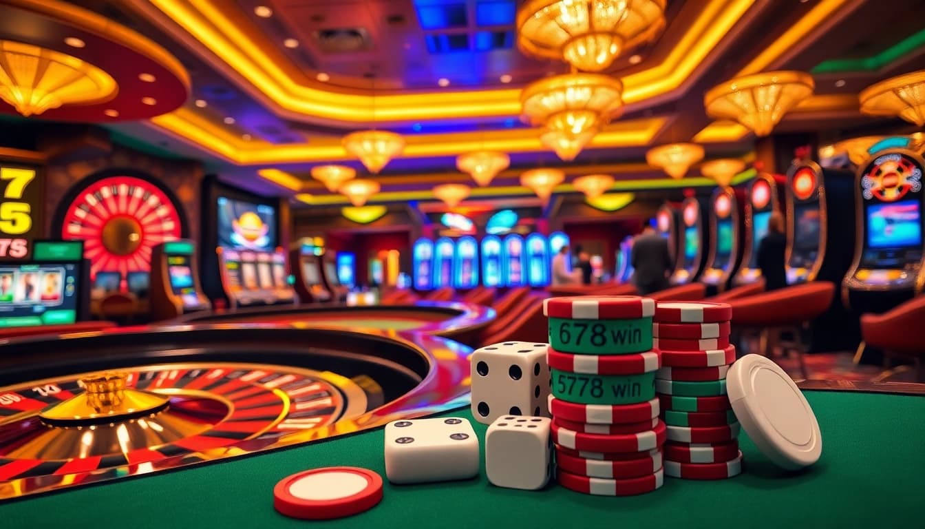 Experience the excitement of 678 win with vibrant casino gaming elements including roulette and poker.