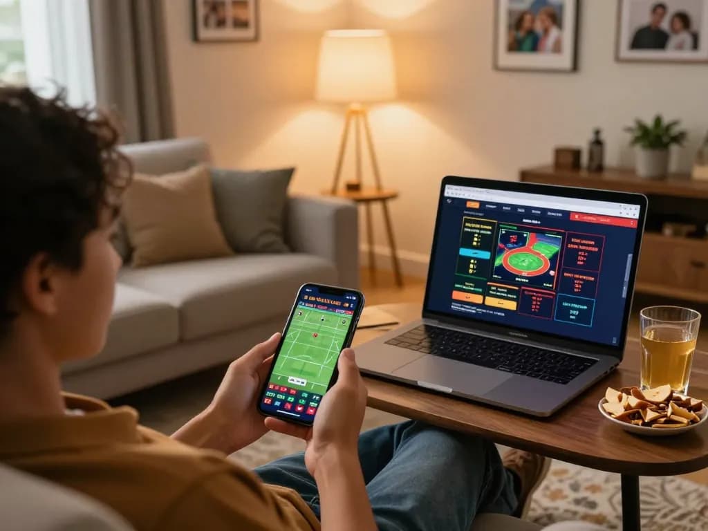 Engaging in online sports betting at https://dabet.money/, checking live odds on smartphone in cozy home setting.