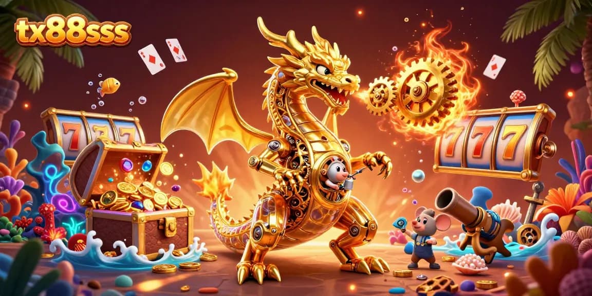 Play games at tx88sss with vibrant slot reels and a golden dragon showcasing exciting rewards.