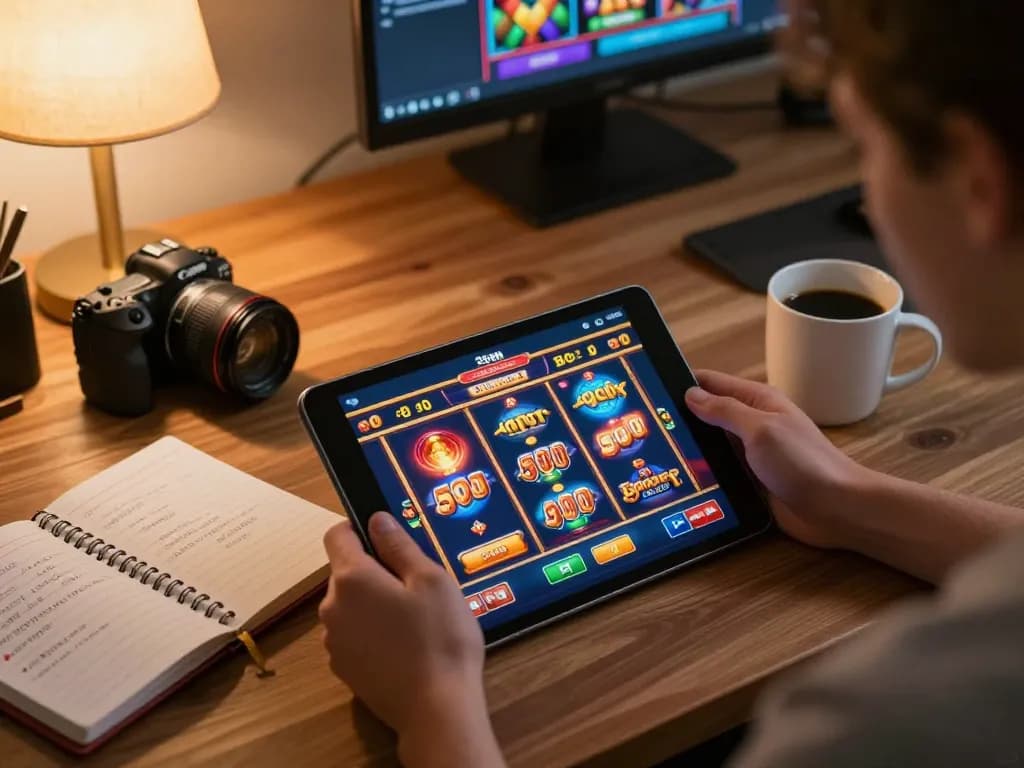 Engaged player enjoying a thrilling session on 23Win online casino, using a tablet surrounded by cozy decor and strategy notes.