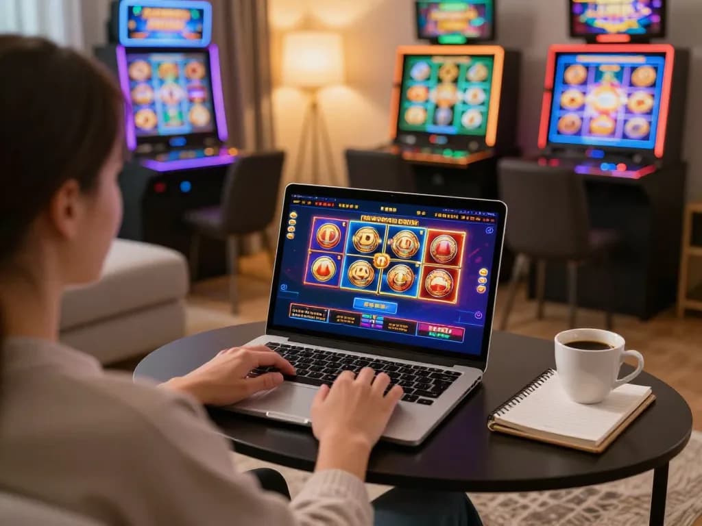 Engaging with online casino games at TOP88 on a laptop, showcasing a vibrant gaming environment.