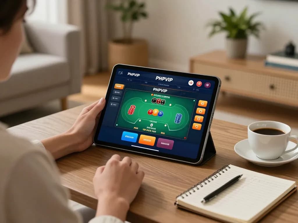 Player enjoying PHPVIP gaming on tablet in a cozy living room with strategic notes available.