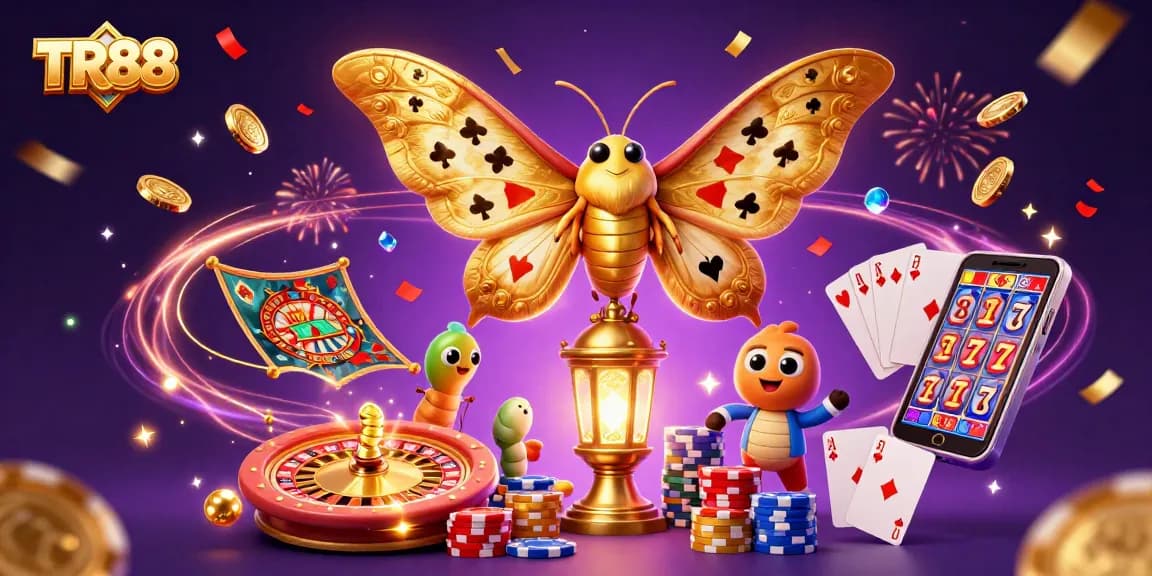 TR88-themed casino celebration with intricate 3D moth illustration and vibrant gambling elements.
